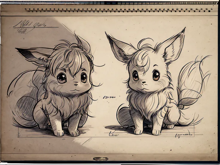 on old sketch of eevee showing a single full body sketch, close up sketch of it's face in the corner, colorless sketch on old pa...