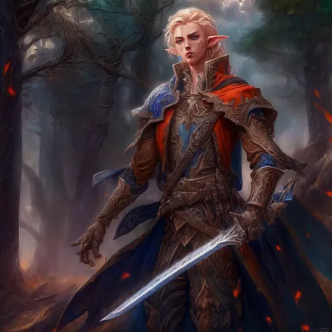 fantasy art, D&D art, RPG art, a picture of a male elf (intense details, Masterpiece, best quality: 1.5) fantasy swashbuckler, fantasy fencer, armed with a slim sword, shinning sword, metallic shine magic-fantasy-forest, colorful clothes, an ultra wide sho...