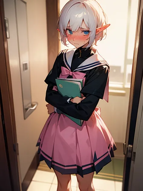 male elf, short white hair, masculine, stuck in a pink girls sailor school uniform, crossdressing, in school hallway, holding books, embarrassed, blushing, bow in hair,