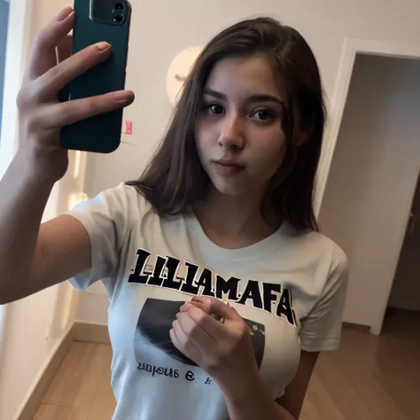 Chica, 18, parada, camiseta, cuerpo entero, (la mejor calidad), (calidad de manos), (calidad de ojos),((calidad de manos)), (Calidad de rostro), (8k), selfie, espejo,