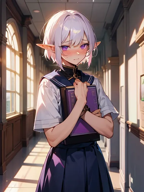 male elf, short white hair, masculine, stuck in a pink girls sailor school uniform, crossdressing, in school hallway, holding books, embarrassed, blushing, bow in hair, purple eyes