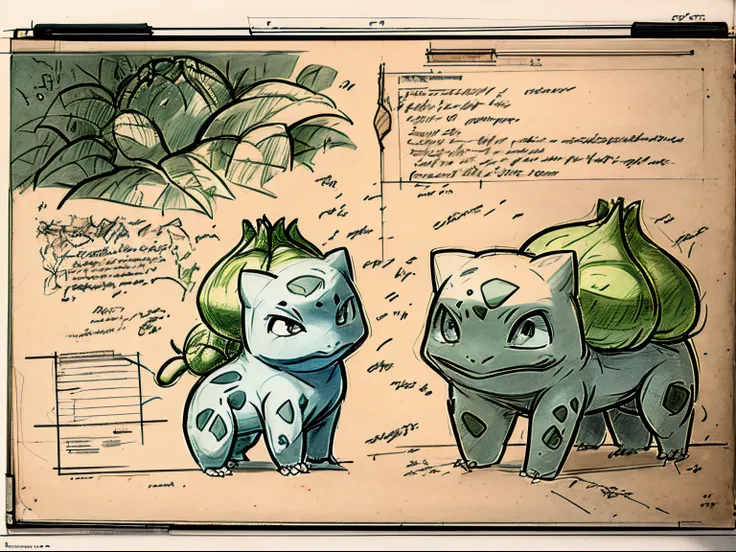 on old sketch of bulbasaur showing a single full body sketch, close up sketch of it's face in the corner, colorless sketch on ol...