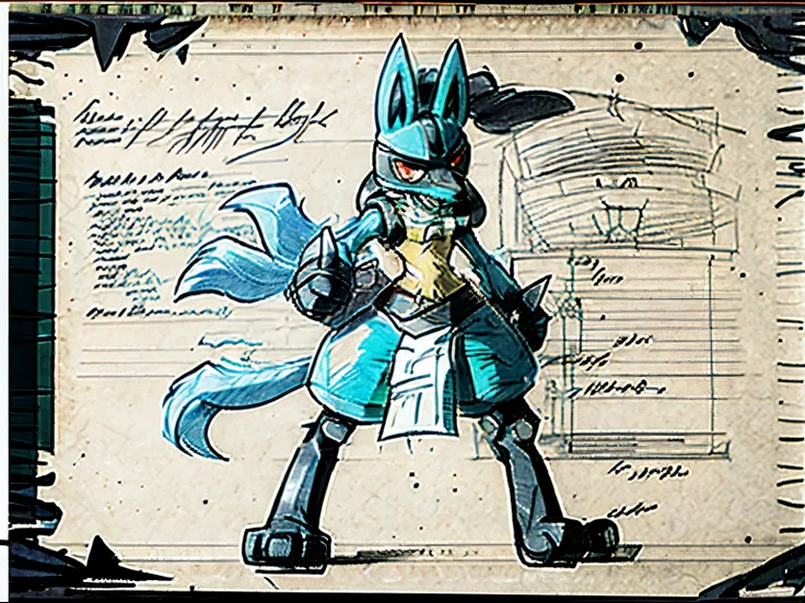 on old sketch of lucario showing a single full body sketch, close up sketch of his face in the corner, colorless sketch on old p...