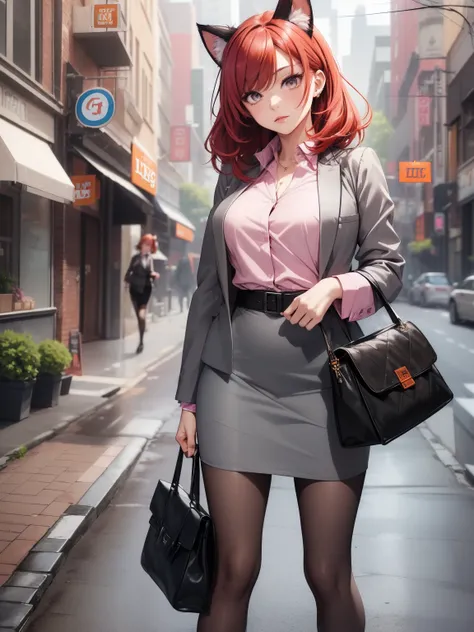 Best Quality, masutepiece, beautiful mature women、Beautiful face、Strong-minded woman、(Officelady、Gray outerwear、Pink cutter shirt、Grey Long Pencil Skirt、Black tights、high-heels:1.5)、(Bright red hair、Red hair、Cats ears:1.5)、(Brown-eyed、Undersized eyes)、(Bob...