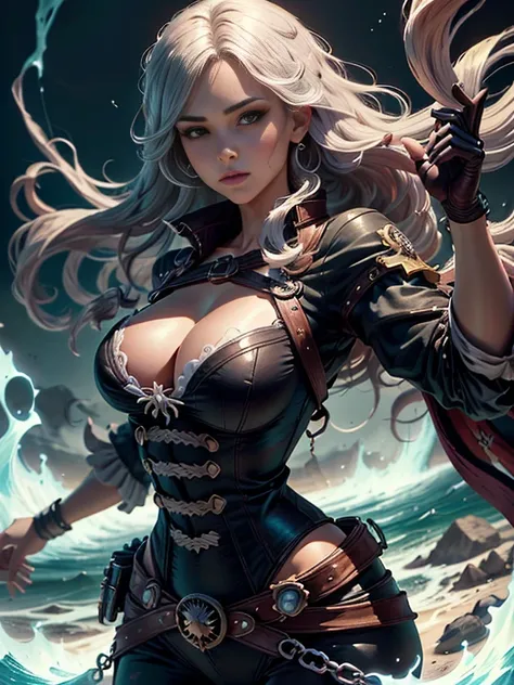 Female pirate、Levante uma perna bem alto como uma bailarina、Um cabelo escuro、Desenhos animados sensuais、、Comic book style