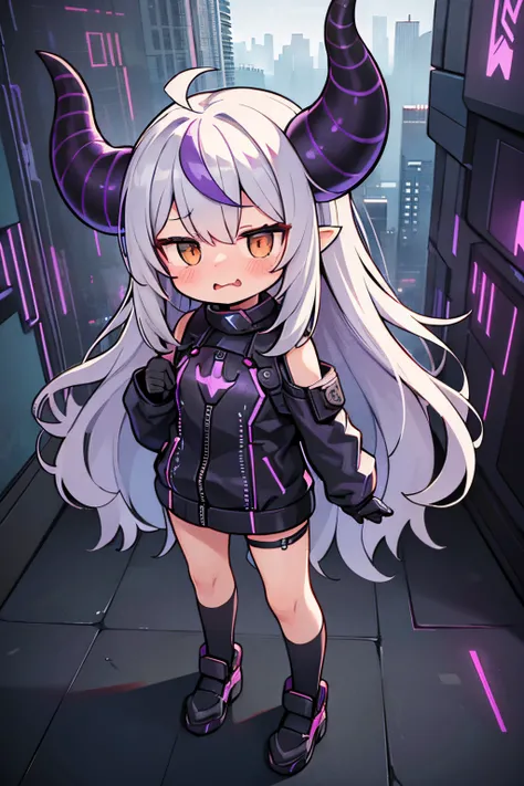 ((Laplus darkness)), ((Masterpiece)), ((wide shot)), (Professional Photography:1.2), very blush, (child), (round eyes:1.2), (wavy mouth:1.3), ((full body)), 1girl, slim, slender, silky long hair, (put on devil horns), ((Cyberpunk)), cityscape