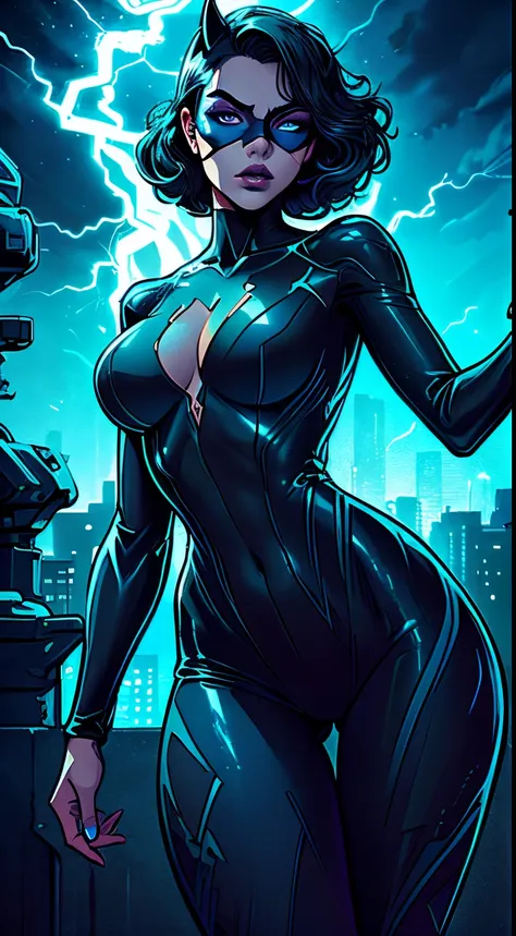 illustration, 4K UHD illustration, upscaled professional drawing HDR, from DC comics in dynamic pose, full body image (:1.8) stunningly beautiful woman, intense blue eyes, eyebrows tanned skin tone, detailed catwoman mask, gloss black form fitting full len...