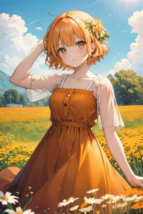 girl, short blond orange-blond hair, brown eyes, summer dress, field of flowers