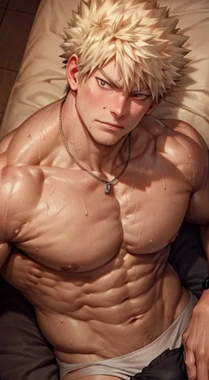 Muscular bakugou katsuki laying down on a massage bed top view, relaxed expression, naked panties, muscular pecs and washboard abs, sweating heavily, wristwatch, necklace