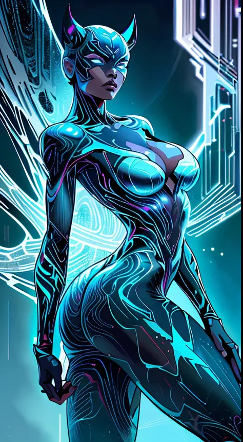 illustration, 4K UHD illustration, upscaled professional drawing HDR, from DC comics in dynamic pose, full body image (:1.8) stunningly beautiful woman, intense blue eyes, eyebrows tanned skin tone, detailed catwoman mask, gloss black form fitting full len...