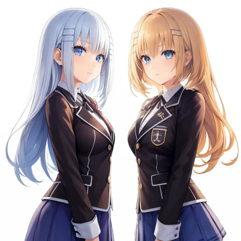 2girls, duo, twins, standing shoulder-to-shoulder, luna nova uniforms, teenage woman, brown hair, blonde hair, long curly hair, ...