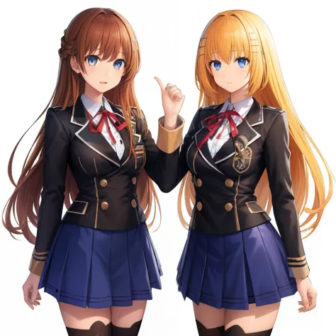 2girls, duo, twins, standing shoulder-to-shoulder, luna nova uniforms, teenage woman, brown hair, blonde hair, long curly hair, ...