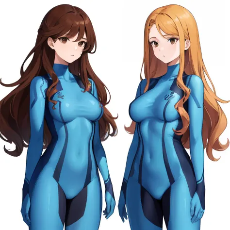 2girls, duo, twins, standing shoulder-to-shoulder, teenage woman, brown hair, blonde hair, long curly hair, matching hairstyles, different hair colors, hair down, hazel eyes, zero suit, white background, best quality, highly detailed