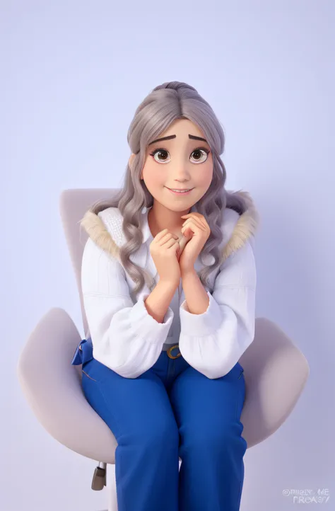 Crie uma personagem mulher, sentada, cor de cabelo moreno, no estilo Pixar da Disney