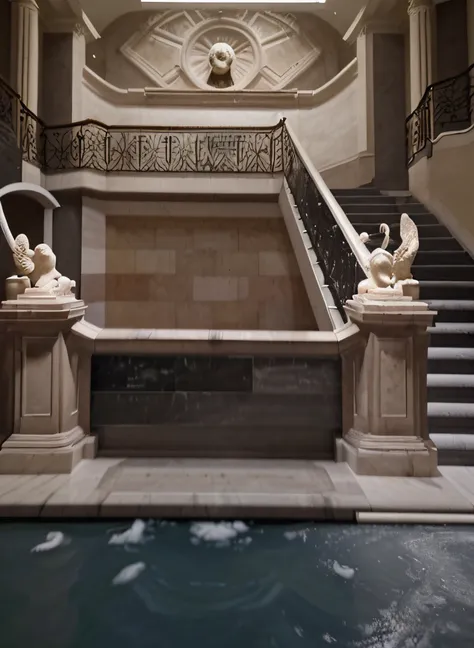 hay una foto de una escalera en un edificio con un reloj en la pared, gran escalera, Gran escalera ancha, escalera, 1 escalera, Escaleras, Marble staircase, escalera, dentro de un gran, Antecedentes del museo, escalera, Una impresionante obra maestra, Esce...