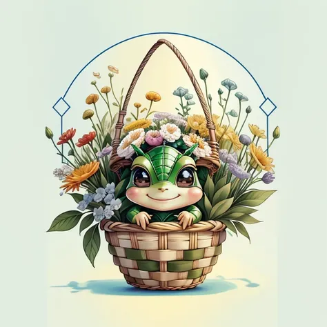 (cute baby grasshopper smiling with a basket of flowers), Munchkin ,Geometric multidimensional wall portrait, livro de arte, Tchibi,
Yang08k, Beautiful, Colouring,
Obras, of the highest quality, best quality, Arte Oficial, Beautiful and Aesthetic,