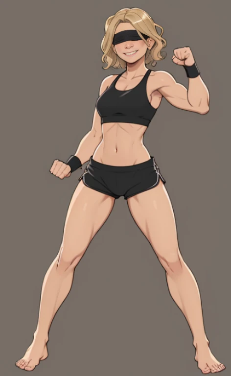 A beautiful blonde barefoot woman, with short wavy hair, wearing a black blindfold, a black sportsbra and sportsshorts, standing in a fist fighting pose, looking happy.