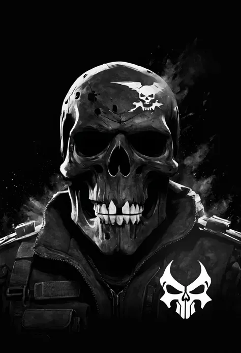 call of duty ghost skull, black background, white, minimalist, fantasy style