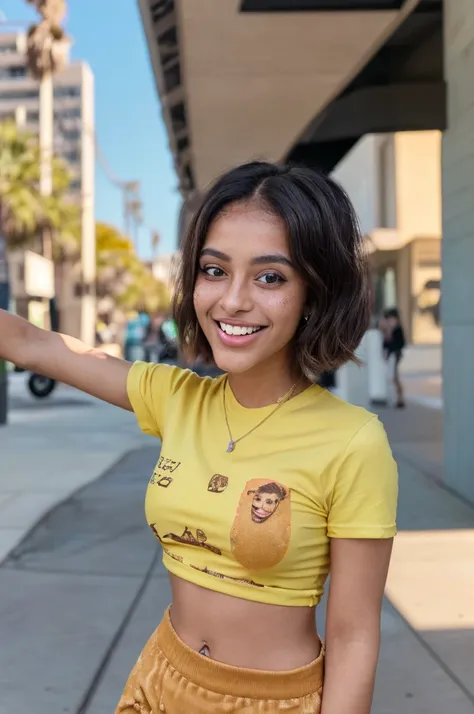 Beautiful brown girl with breathtaking smile standing outdoors wearing a yellow tied tee and striped brown leggings , she does a pose like an instagram influencer（(detailed skin textures)），realistic skin textures，（（big brown eyes））and cute lips，Petite girl...