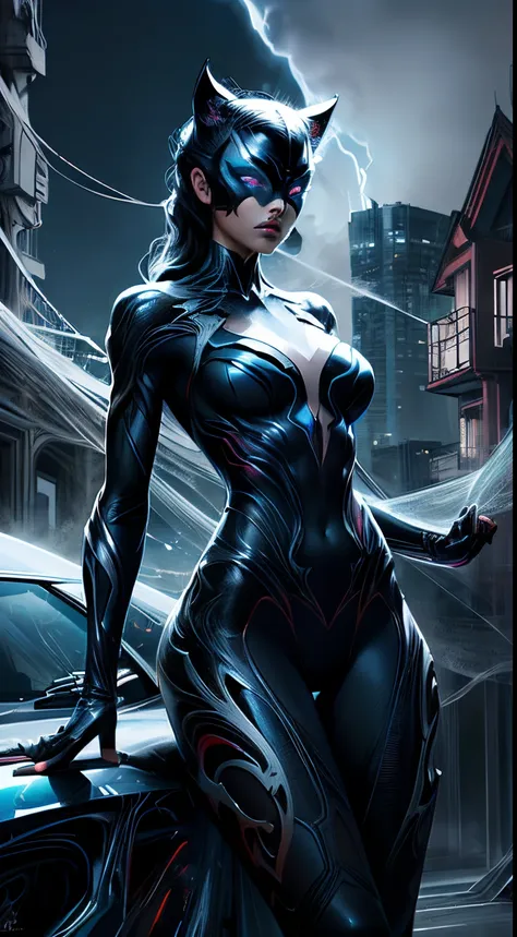 illustration, 4K UHD illustration, upscaled professional drawing HDR, from DC comics in dynamic pose, full body image (:1.8) stunningly beautiful woman, intense blue eyes, eyebrows tanned skin tone, detailed catwoman mask, gloss black form fitting full len...