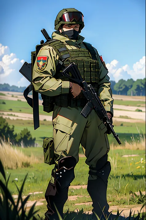 Russian soldier wearing dark-coloured juggernaut armour and visor, holding a ballistic shield, standing in a field in anime style