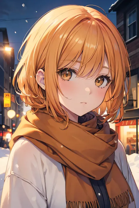 girl, short blonde orange-blond hair, brown eyes, sweater, a scarf, fresh snow, city