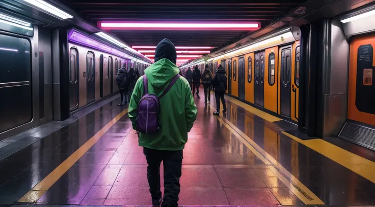 Crea la imagen de un ingenioso hacker caminando por los vagones del metro de nueva york, during a warm sunset of reddish and orange colors, a rainy day, muchos letreros luminosos, Grandes edificios, Fast food places on the corners and the typical ones that...