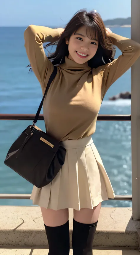 top-quality、Top image quality、​masterpiece、fully body photo、25 years old women、dark brown medium wavy hair、bangss、Beige turtleneck sweater、Long flared skirt、(((Skirt flipping in the wind、I can see all my panties)))、long boots、Black stockings、breasts of med...