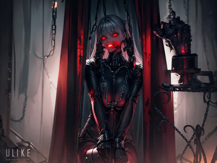 ((horror girl)), ((dark)), (blood power armor), ((lots of chains)), close-up, woman