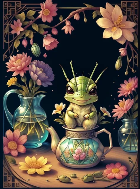 (cute baby grasshopper smiling with a tea pot and flowers), Munchkin ,Geometric multidimensional wall portrait, livro de arte, Tchibi,
Yang08k, Beautiful, Colouring,
Obras, of the highest quality, best quality, Arte Oficial, Beautiful and Aesthetic,