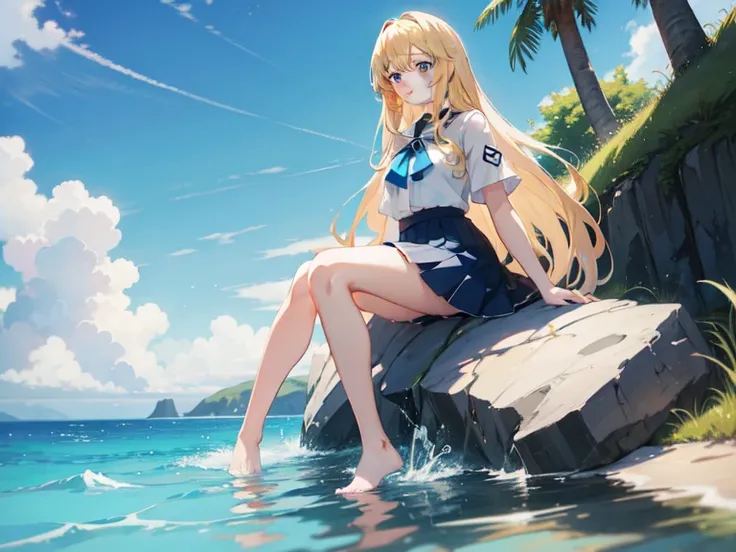 Anime girl sitting on rocks by the sea, Blonde anime girl with long hair, wallpaper anime blue water, anime wallaper, Beautiful anime, Blue eyes, white shirt, black short skirt, Anime style. 8K, anime visual of a cute girl, Splash art anime Loli