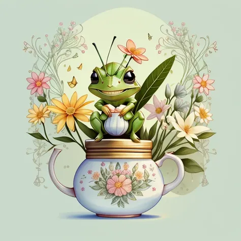 (cute baby grasshopper smiling with a tea pot and flowers), Munchkin ,Geometric multidimensional wall portrait, livro de arte, Tchibi,
Yang08k, Beautiful, Colouring,
Obras, of the highest quality, best quality, Arte Oficial, Beautiful and Aesthetic,