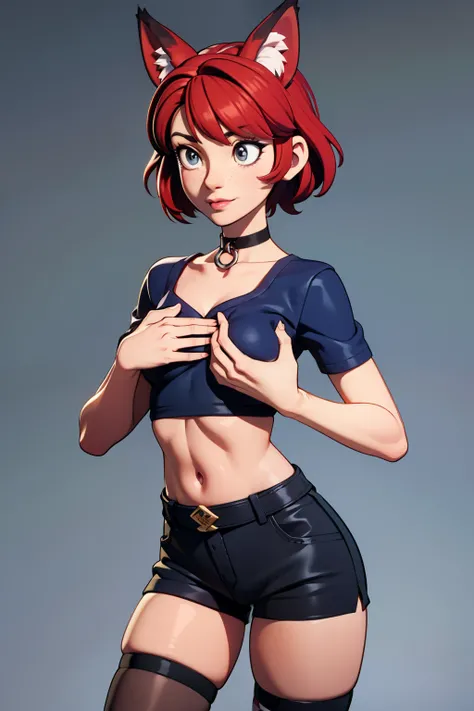 1girl, teenager, solo, (groping chest: 1.5), (short pixie cut Hair, undercut red hair: 1.28), ((light gray eyes)), some small freckles, (dark fox ears: 1.35), pale skin, large breasts, cleavage, (thin hips, thin waist: 1.25), simple background, looking awa...