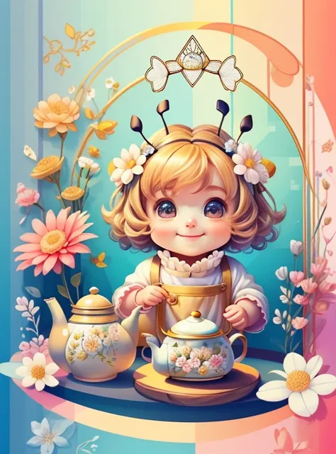 (cute baby bee smiling with a tea pot and flowers), Munchkin ,Geometric multidimensional wall portrait, livro de arte, Tchibi,
Yang08k, Beautiful, Colouring,
Obras, of the highest quality, best quality, Arte Oficial, Beautiful and Aesthetic,