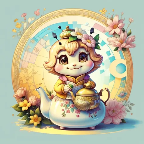 (cute bee smiling with a tea pot and flowers), Munchkin ,Geometric multidimensional wall portrait, livro de arte, Tchibi,
Yang08k, Beautiful, Colouring,
Obras, of the highest quality, best quality, Arte Oficial, Beautiful and Aesthetic,