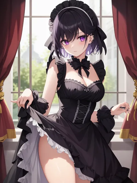 Masterpiece, Top Quality, Super Detail, Beautiful Lighting, 1 Girl, Goth, French Maid, Black Hair, Short Hair, Purple Eyes, Black Eyeliner, Black Lips, Piercing, Spiked Color, Watch Viewers