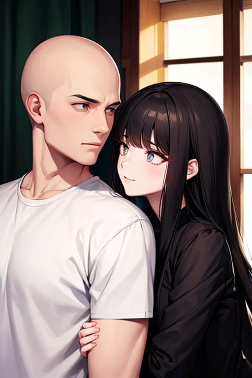 couple, bald man, girl with bangs, black long hair