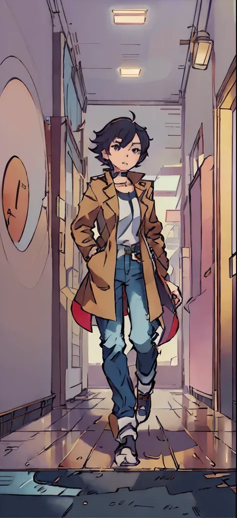 Cartoon character in the hallway with briefcase and handbag, Shinkai Makoto style, makoto shinkai art style, ( ( wearing a long coat、denim hot-pants、long boots ) ), single character full body, anime visual of a young woman, anime moe art style, full-body c...