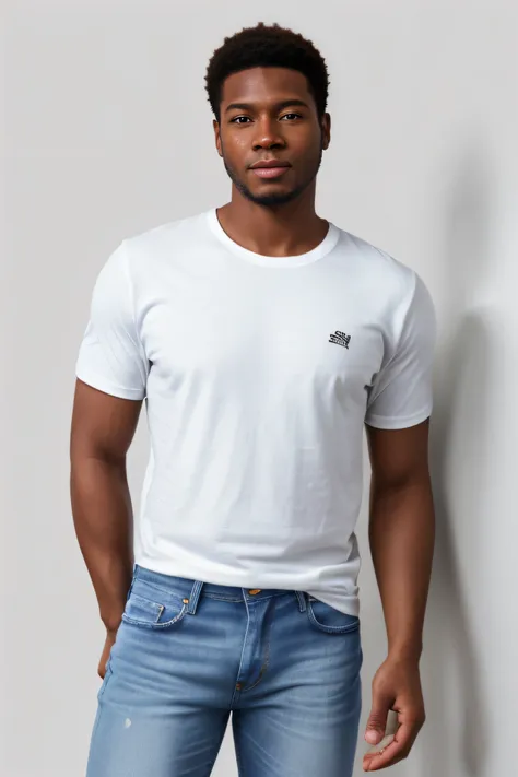 Homem branco de frente, super-realista, pele clara, cabelo loiro longo, meio comprimento, vestindo uma camiseta branca longa sem desenho, vestindo jeans, fundo completamente branco estilo png, homem bonito, altamente realista