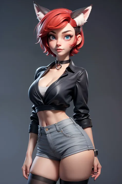 1girl, teenager, solo, ahegao, (short pixie cut Hair, undercut red hair: 1.28), ((light gray eyes)), some small freckles, (dark fox ears: 1.35), pale skin, large breasts, cleavage, (thin hips, thin waist , athletic body: 1.25), simple background, looking a...