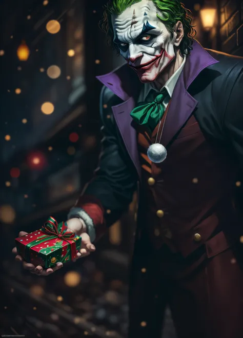 Masterpiece in HD resolution, DC Comics and Christmas style. | The Joker, the iconic villain from DC Comics, surprises by donning Santa Claus attire. In his hands, he holds a sack of presents filled with Batman toys. His sinister smile suggests a unique ap...