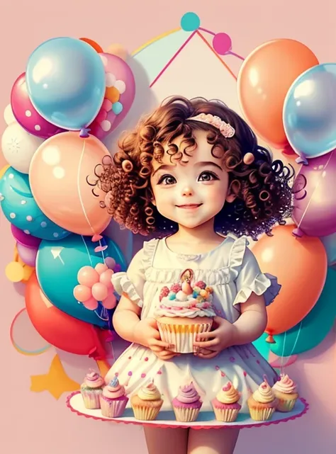 (cute baby girl smiling with curly hair and cupcakes and ballons), Munchkin ,Geometric multidimensional wall portrait, livro de arte, Tchibi,
Yang08k, Beautiful, Colouring,
Obras, of the highest quality, best quality, Arte Oficial, Beautiful and Aesthetic,