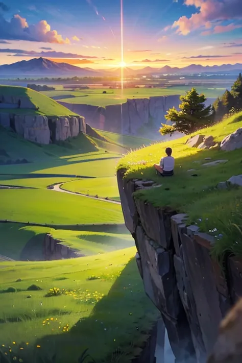 4k image, cute illustration. amazing landscape with a sunset and a large plain with big mountains in the background. On this plain, there are only some trees and green grass. One guy is on a cliff in the firstground and he is looking at the scenery.