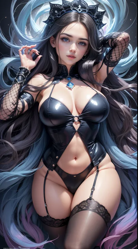 ((8k, HDR, Full body, entire figure, Beautiful European girl 25 years old, round face, closeup, slim body, intense blue electric eyes, detailed eyes, black hair, very long hair, Perfect proportions, gigantic breast, dynamic sensual pose, look at the camera...