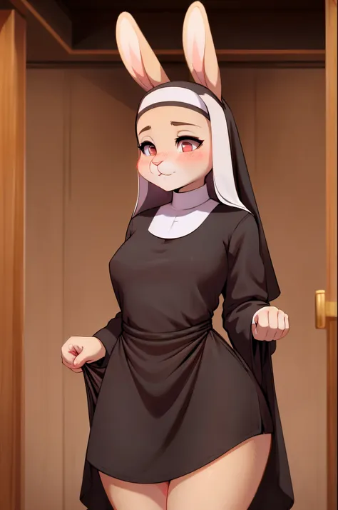 Bunny, rabbit, female, lifting dress, showing panties, nun, nun outfit, looking away, blushing