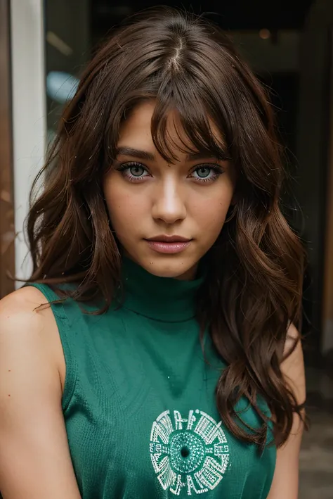 A brown model with one green eye and the other blue. Curly brown hair