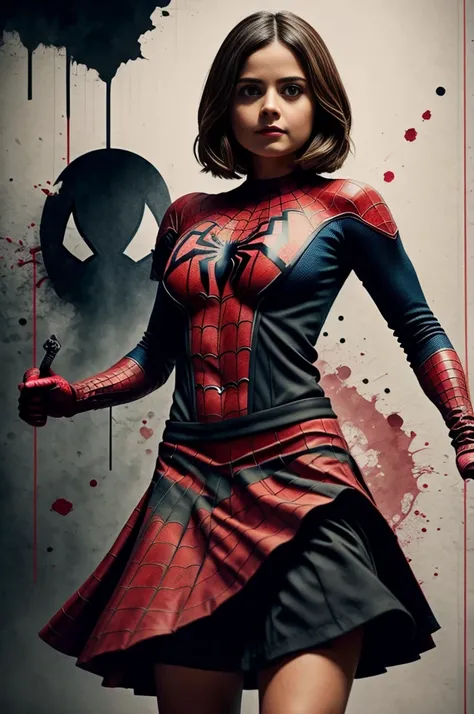 Jenna Louise Coleman、Sticking out the navel、newyork、She wears a torn Spider-Man suit,wearing skirt、 Red and black color scheme,Dynamic、​masterpiece、top-quality、ultra-detailliert、ighly detailed、beautiful detailed brilliance、超A high resolution