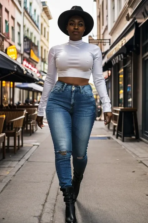 over weight, black woman, short hair, natural hair, big butt, latex boots, tight jeans, white crop top, big breasts, cowboy hat, walking street, next to restaurant