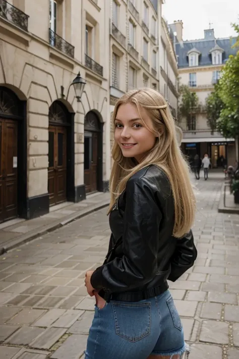 Blondinen, young girl with long, gewellten Haaren, stands in front of old buildings in Paris, smiles slightly, Blick in die Kamera, blaue Augen, ovales Gesicht, sporty, slim physique, enge Jeans, sportlicher Po, mid large breasts, seitlich gedreht