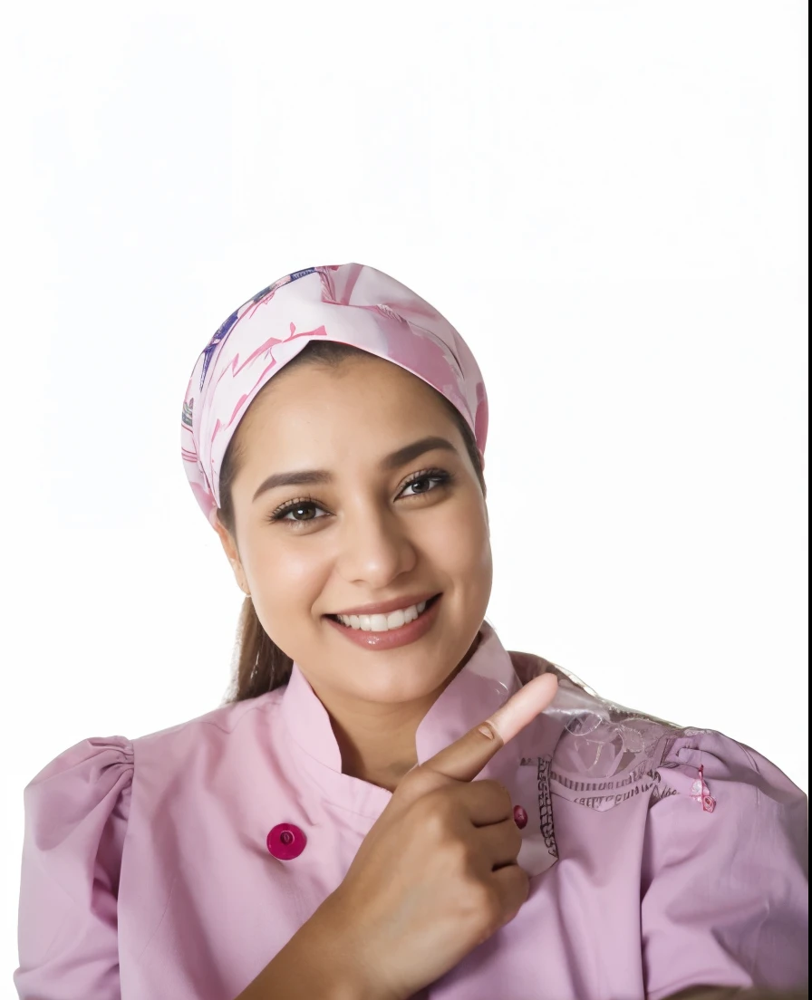 smiling woman in pink chef uniform pointing at camera, Magda Torres Gurza, coluna, vestido como um chef pasteleiro, Anos Imane, Foto Profissional, Magali, Directed by: Márta Lacza, com um lindo sorriso, bolo, Malika Favre, Marischa Becker, Faridah Malik, i...